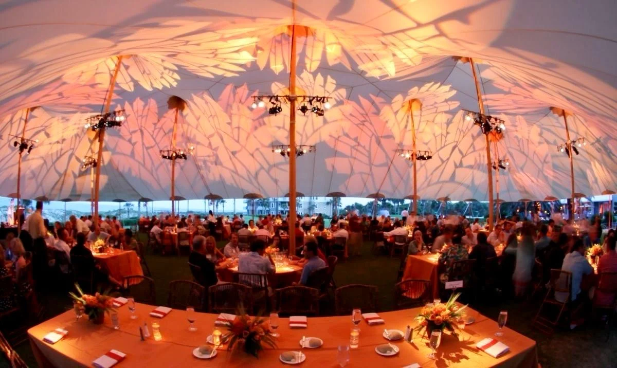 Guests seated in a marquee beneath colourful ceiling lighting — example for events in Hale