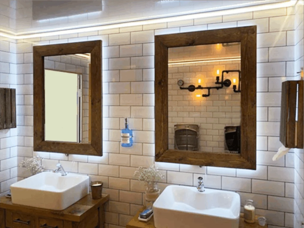 Luxury toilet interior with washbasins and illuminated mirrors