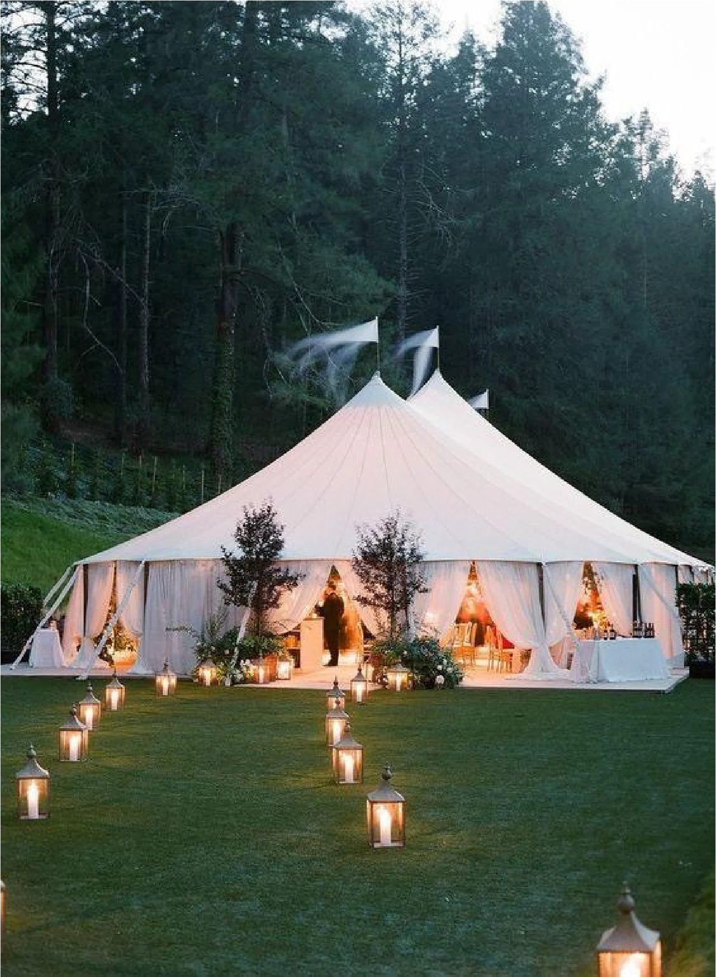 Marquee illuminated beside woodland at dusk — example for events in Whitefield