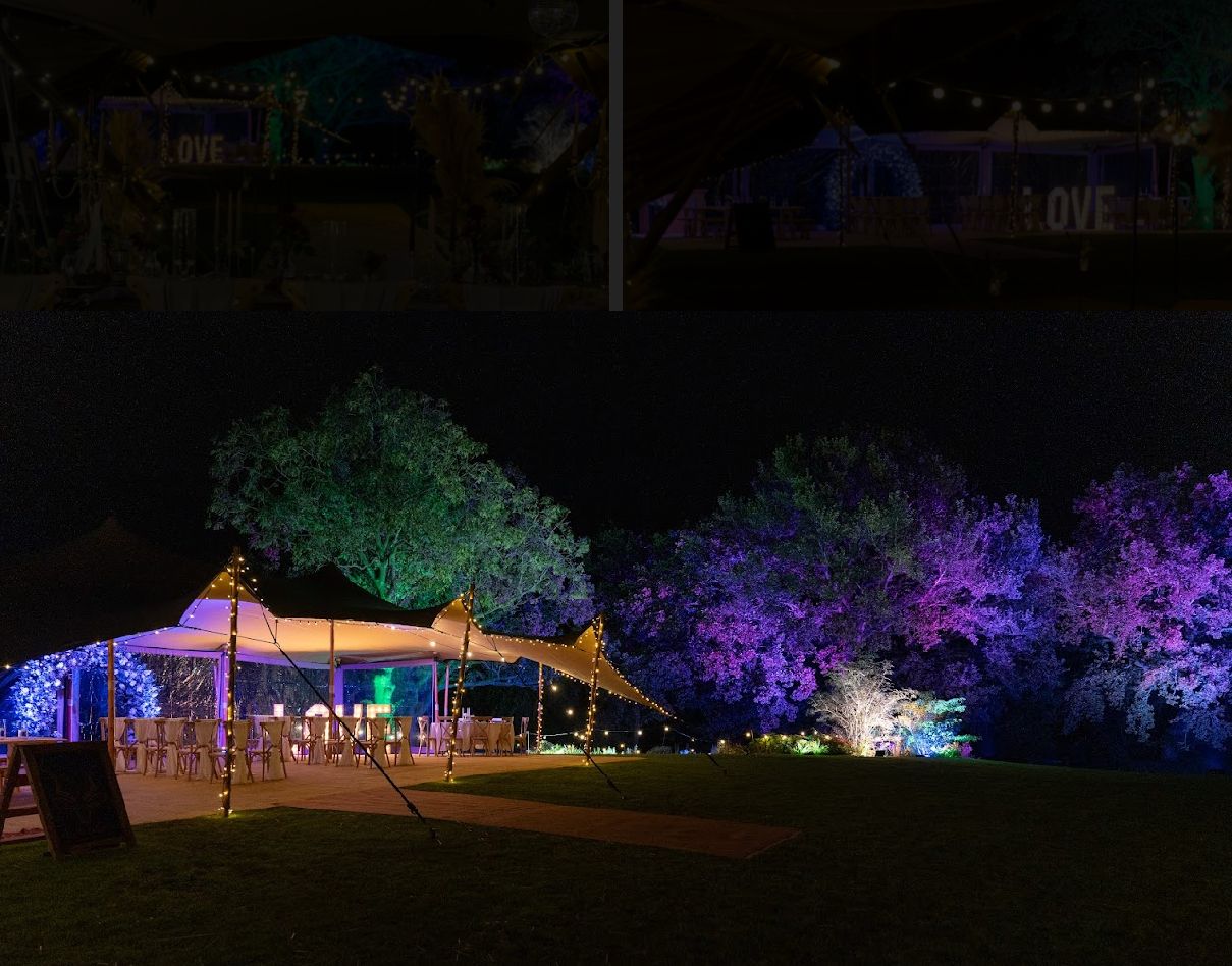 Stretch tent illuminated beside trees at night — example for events in Stockport