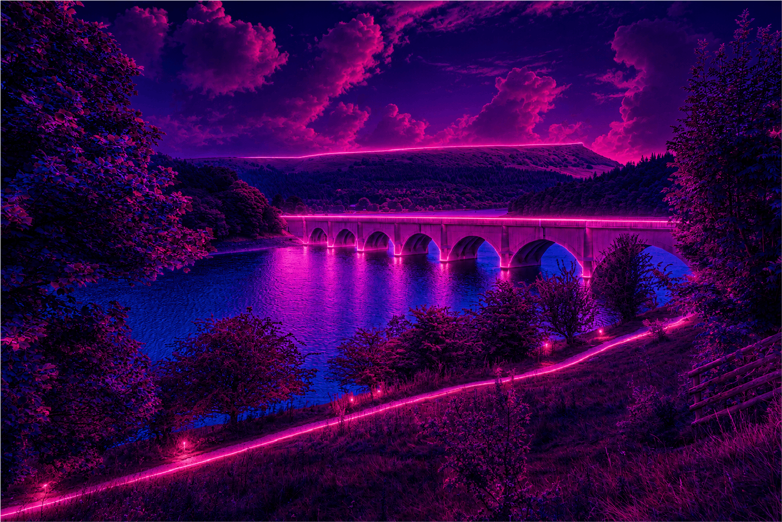 Stylised countryside viaduct in purple lighting