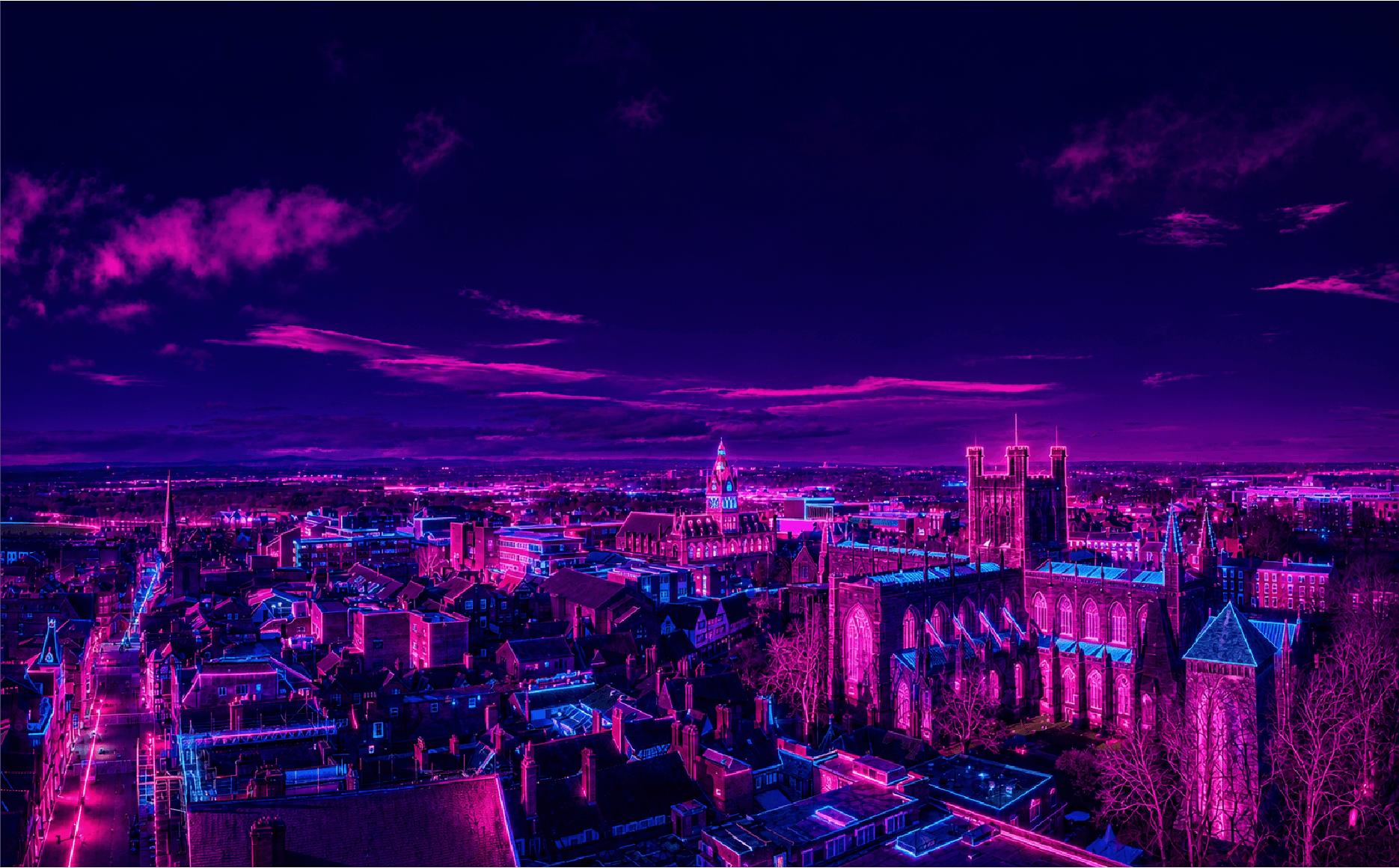Stylised city skyline in purple lighting