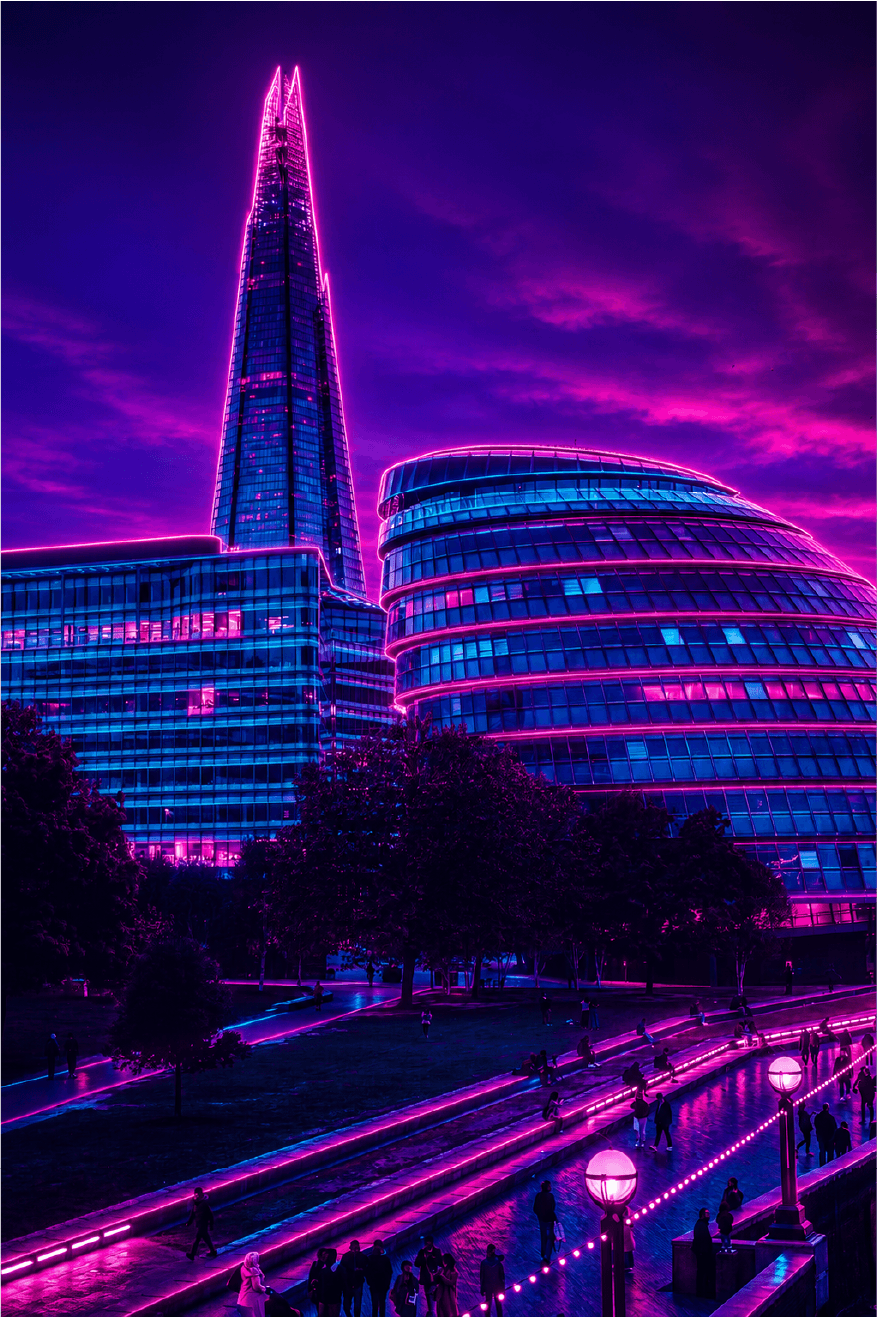 Stylised modern city buildings in purple lighting